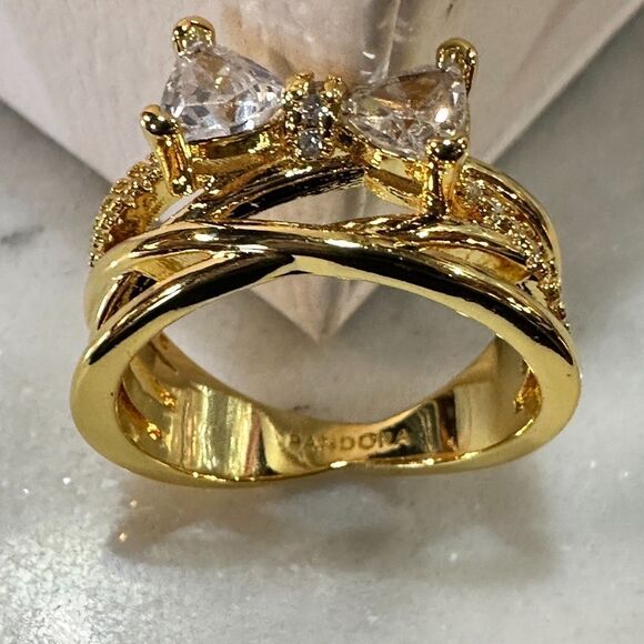 Genuine PANDORA 14k Plated Sparkling Bow Crossover Ring 163511C01 Size 6 - Picture 1 of 9